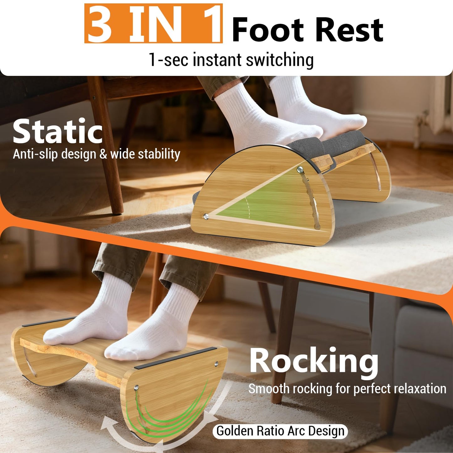 3-in-1 Under Desk Foot Rest, Adjustable Ergonomic Footrest for Office & Home, Bamboo Foot Stool with 6 Heights,Rocking & Cushion Modes