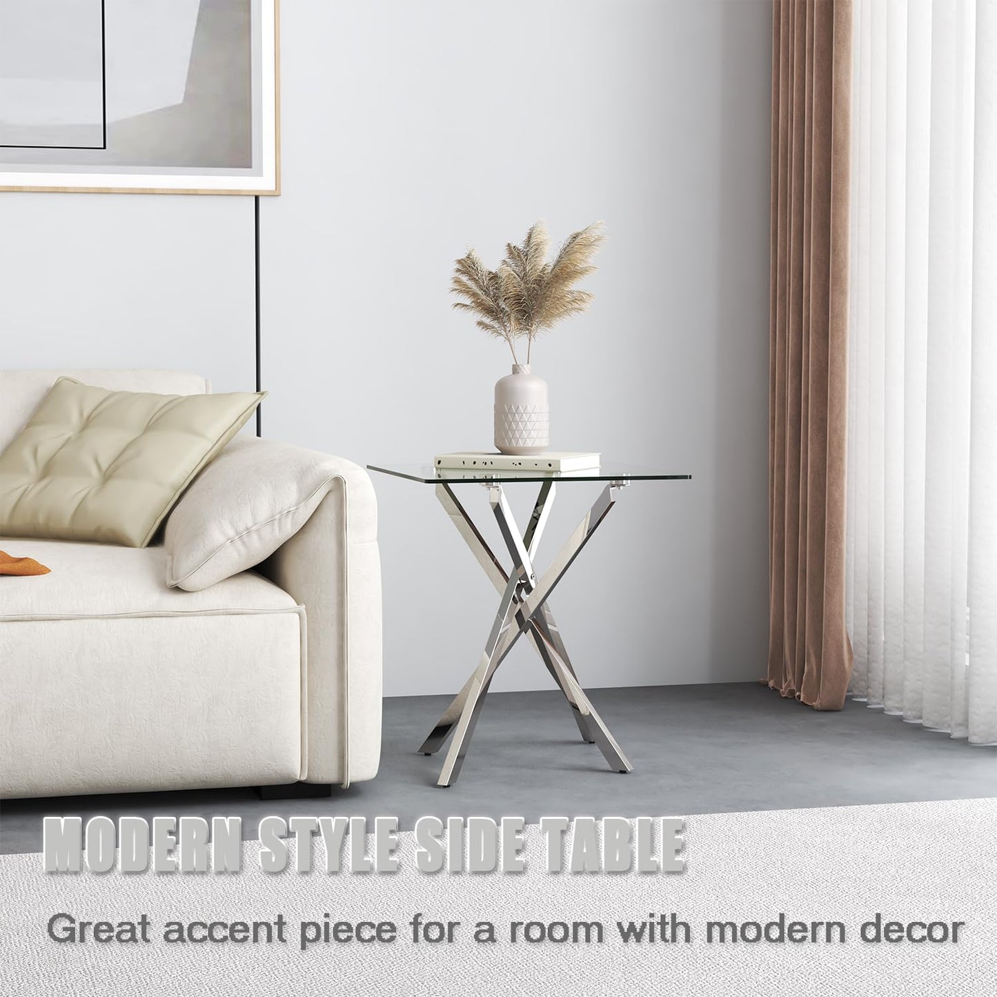 GOLDFAN Small Glass End Table with Chrome Legs for Living Room Square Side Table Modern Contemporary Nightstand for Bedroom (Glass&Chrome Legs)