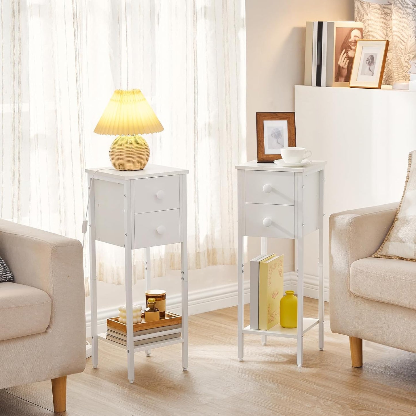 HOOBRO Narrow Bedside Table Set of 2, Slim Bedside Table, Telephone Table with 2 Drawers, Tall Side Table with Metal Frame