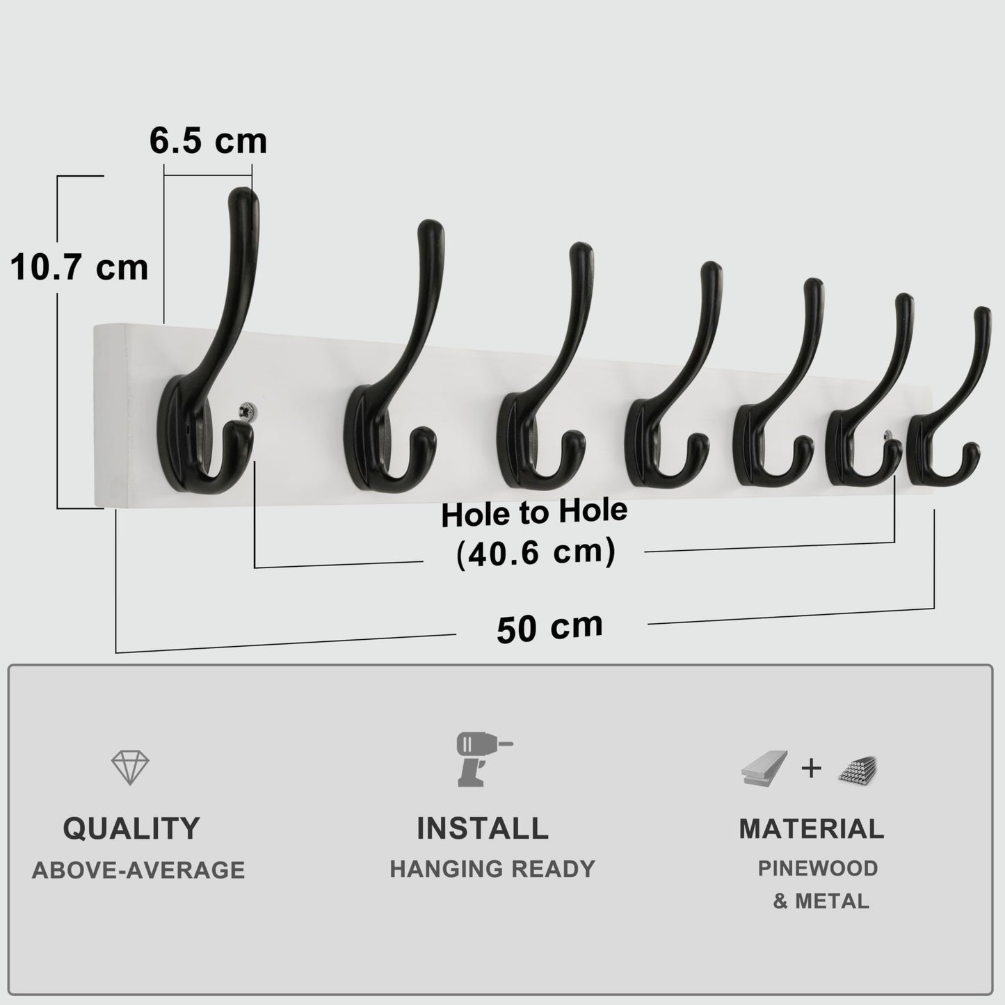 HONSKY Wall Coat Rack with 7 Double Hooks,50cm Wall Coat Hook,Wooden Coat and Towel Hanger Storage for Entryway, Bathroom, Bedroom