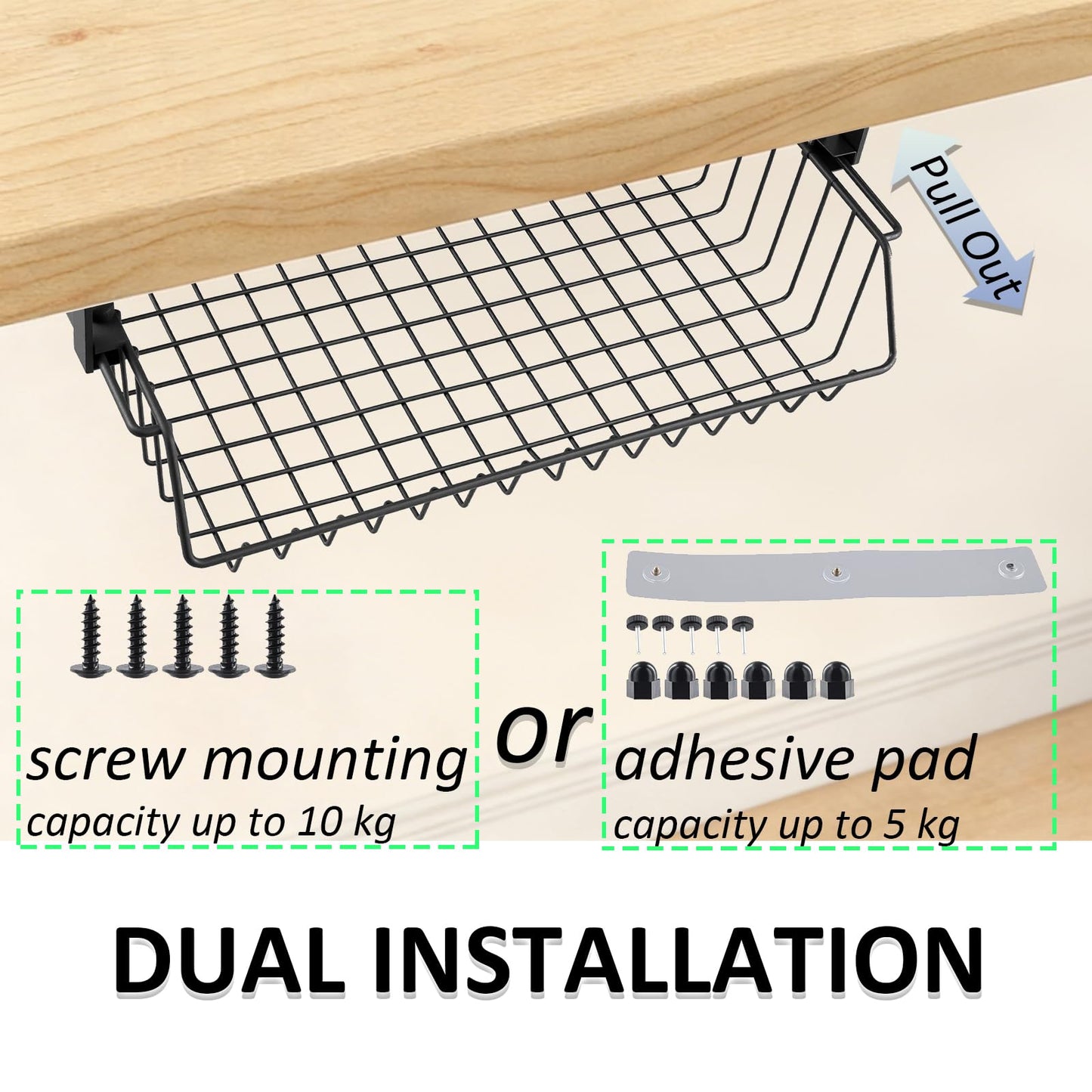 FUNSUEI No-Drill Under Desk Storage Basket, Black Slide-Out Self Adhesive Drawer, Metal Storage Basket for Office, Home, 37× 23.5 ×11 cm