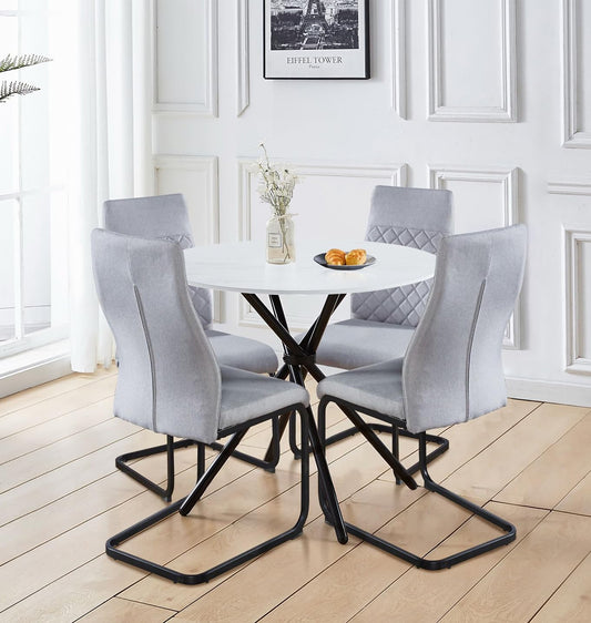 Hallowood Furniture Cullompton Round Dining Table and Chairs Set 4, White Marble Effect Small Table and Chairs for 4 with Light Grey, High-Bac,
