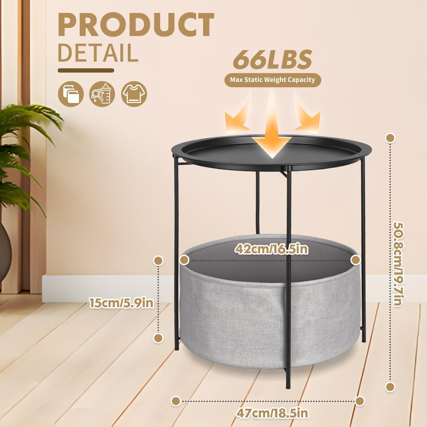Rinkgarden Round Side Table with Fabric Basket, Modern and Sturdy, Metal End Table for Living Room, Bedroom, Bedside Table, Nursery