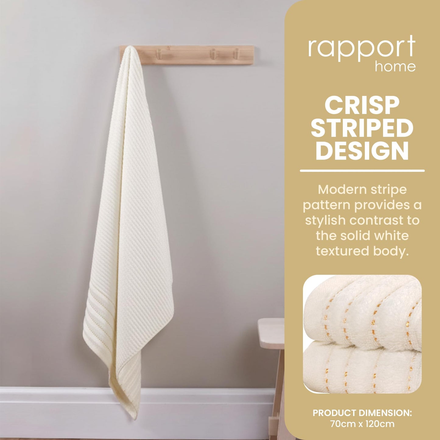 Rapport Home Linear Bath Towels 2-Pack | Ivory Cream | 70x120cm | 100% Cotton 500gsm | Oeko-Tex Made in Green & BCI Certified