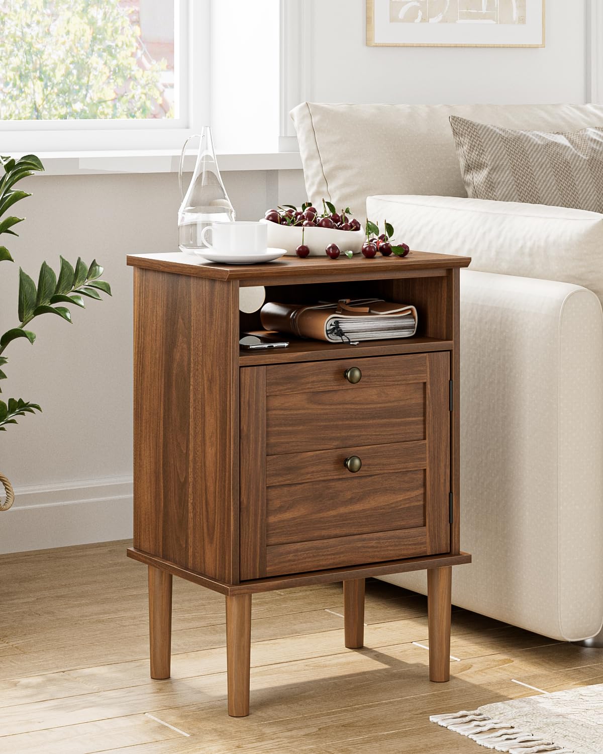 HEYZOEY Wooden Bedside Cabinet with Door & Open Top Shelf – Side Table for Bedroom & Living Room,Fits Small Space (Walnut 15.35″x 11.42″x23.5″)