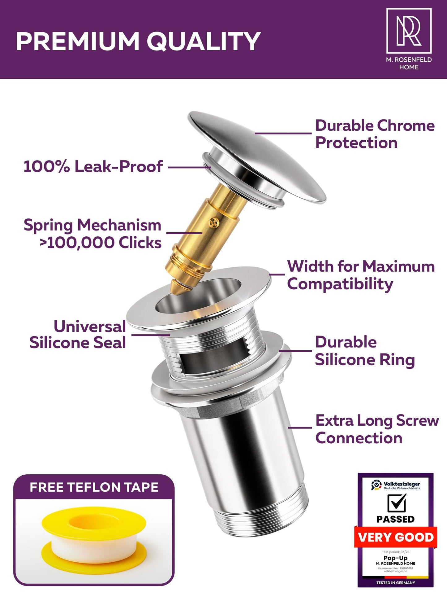 M. ROSENFELD HOME Click Clack Basin Waste - Pop Up Waste for Bathroom Sink Waste Kit with Overflow - Chrome