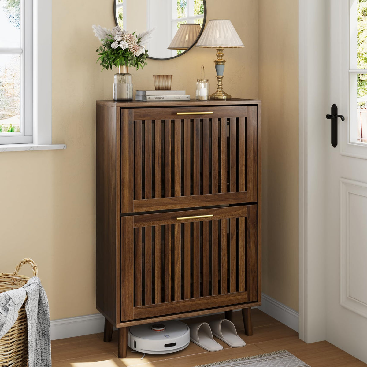 Smart FENDEE Shoe Cabinet with 2 Flip Slatted Drawers, Farmhouse Slim Shoe Organizer Rack with Golden Handles