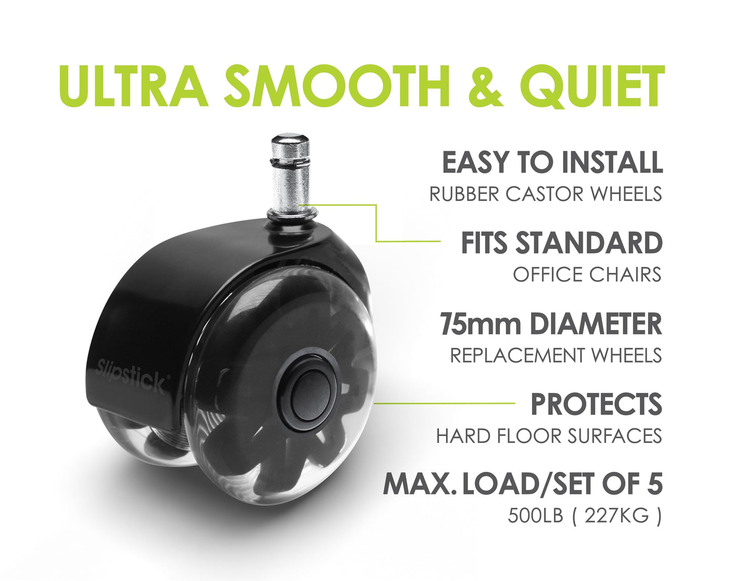 Slipstick Monster 3” Dual Rollerblade Office Chair Wheels (Set of 5) Premium Rubber Caster Wheels for Chairs, Smooth & Safe Rolling on All Flooring
