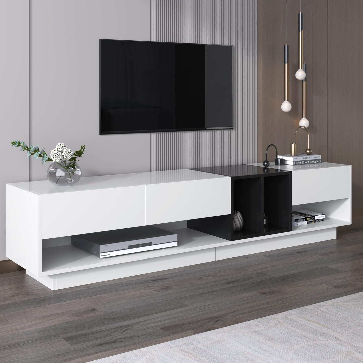 Ball & Cast High Gloss TV Stand Cabinet, TV Stand with Drawers and Compartments, White and Black TV Cabinet,190x40x34cm