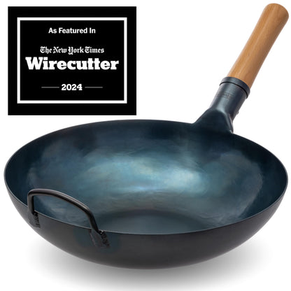 YOSUKATA Flat Bottom Wok Pan - 34 cm Pre-Seasoned Blue Carbon Steel Wok - Traditional Japanese Cookware for Electric Induction Ceramic Gas Cooktops