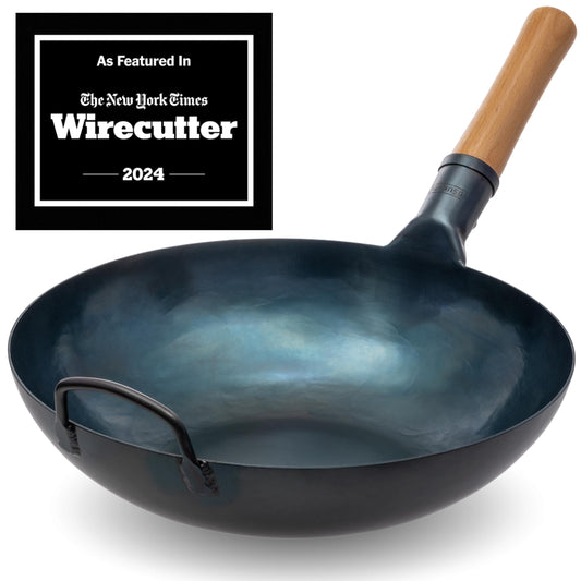 YOSUKATA Flat Bottom Wok Pan - 34 cm Pre-Seasoned Blue Carbon Steel Wok - Traditional Japanese Cookware for Electric Induction Ceramic Gas Cooktops