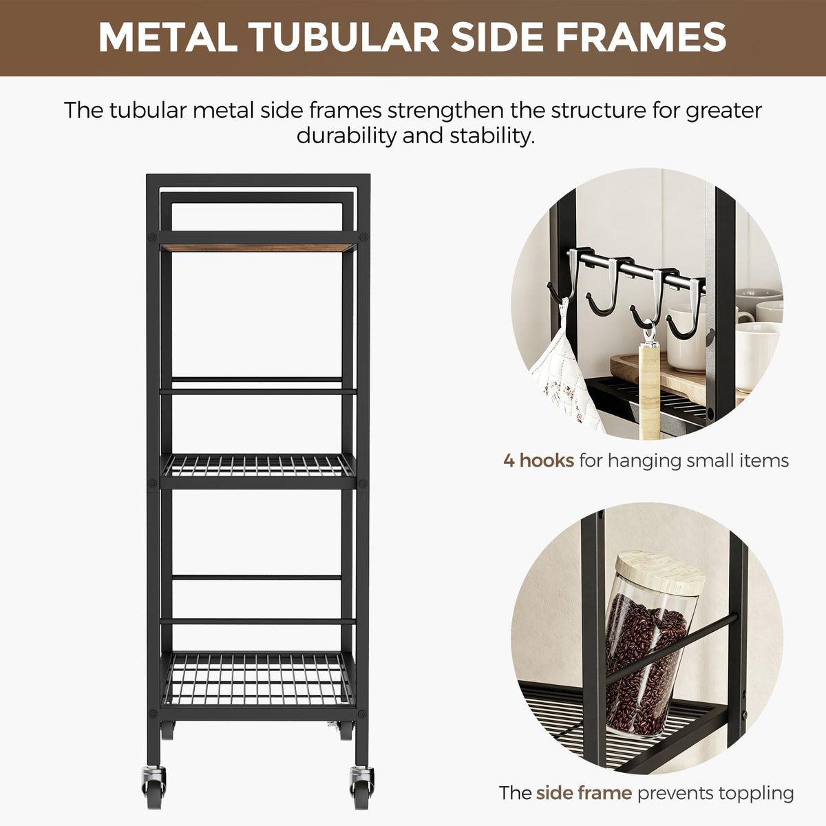 YONTUO 3-Tier kitchen trolley,Brown Wood Top,60W×40Dcm,4 Hooks, Adjustable Shelves
