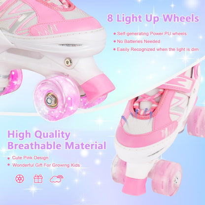 Kids Girls Roller Skates For Toddler Child Beginner, 4 Sizes Adjustable Kids Roller Skates with Light Up Wheels (Pink White, Small)