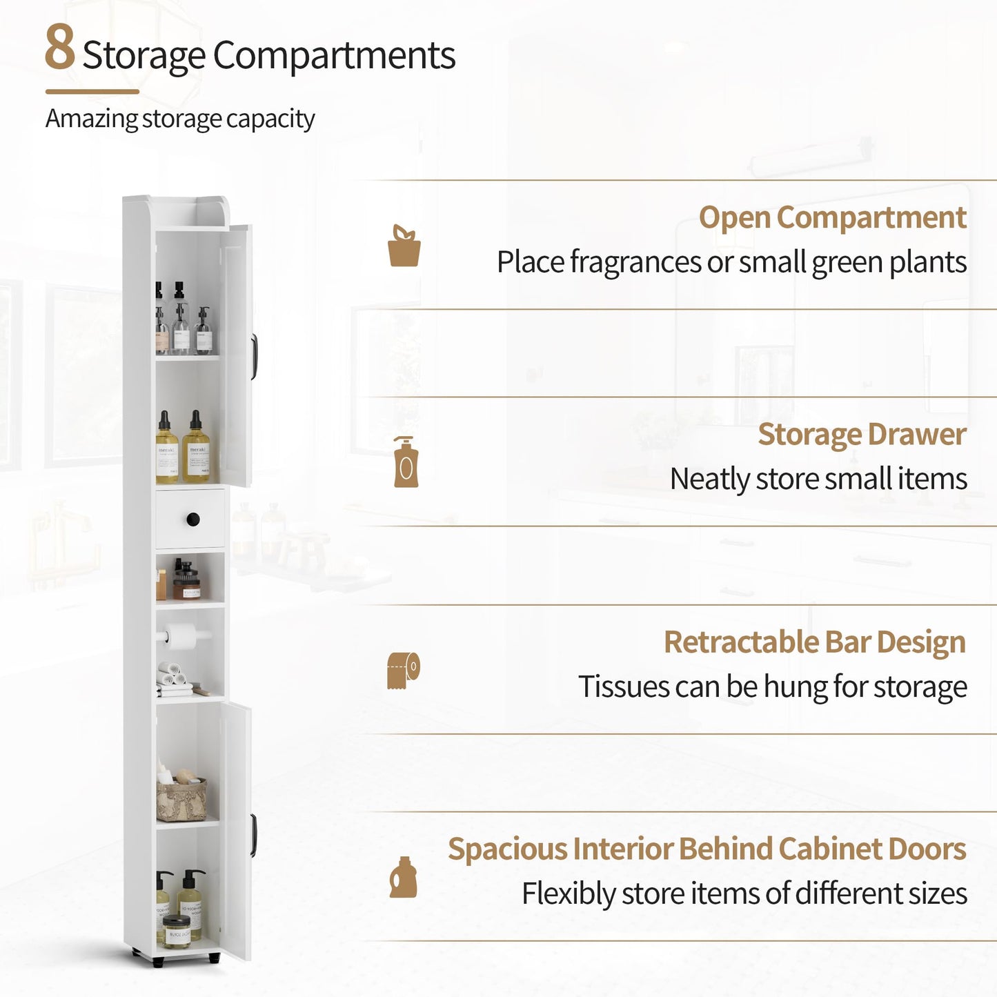 BonVache Tall Bathroom Storage Cabinet, Slim Storage Unit with Adjustable Shelves, Bathroom Shelves Cupboard for Kitchen Hallway Living Room Bedroom