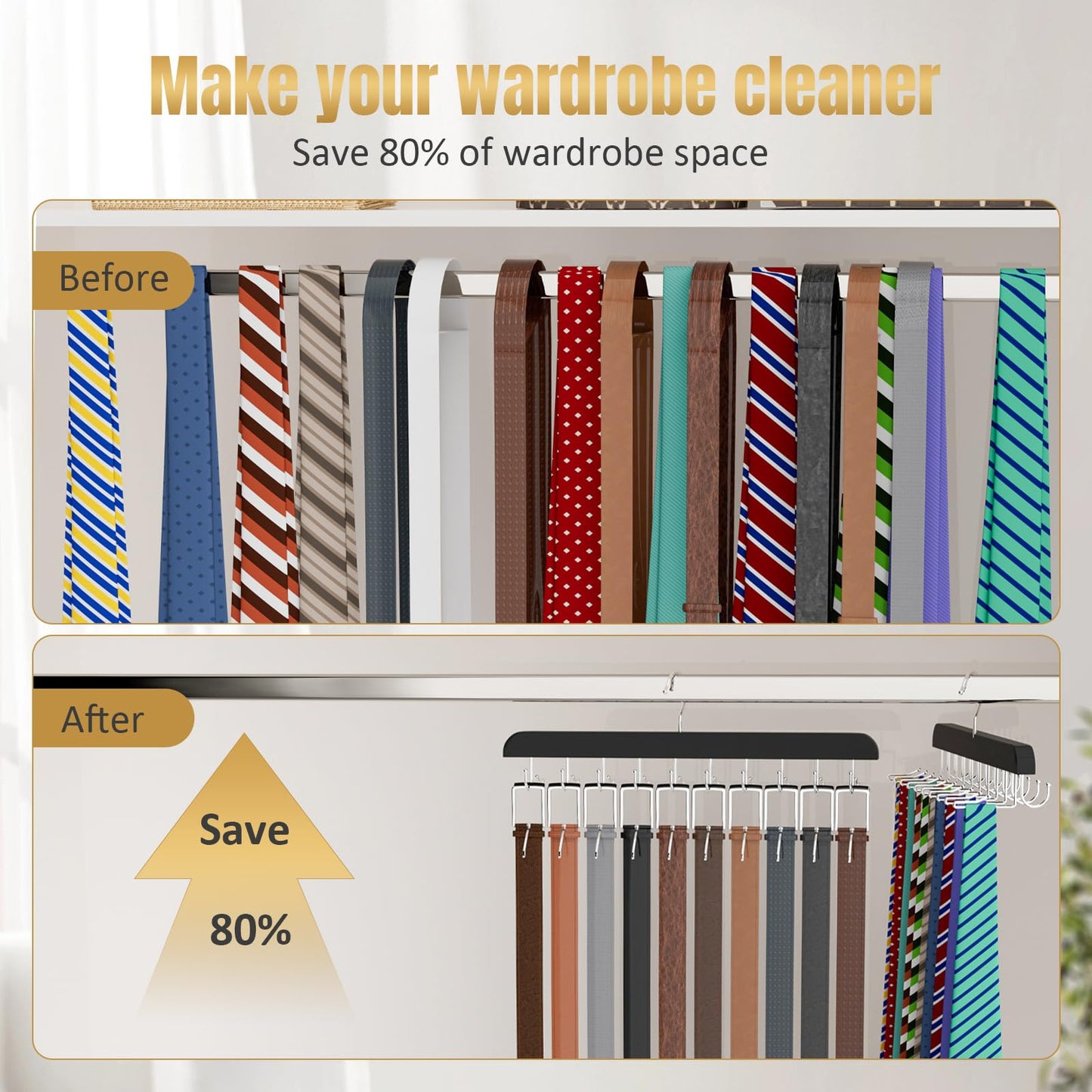 Tie Rack & Belt Hanger 2 in 1 Tie Hanger Space Saving 20 Hooks Hangers for Closet Max 30 Belts with 30 Ties Capacity