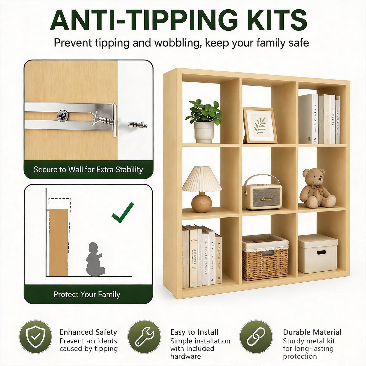 CTESNE【Wooden Thick Frame 9 Cube Storage Organizer Shelf with Anti-Tipping Kits + Reversible Open Back Bookcase