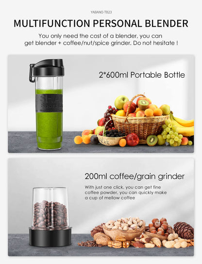Blender Smoothie Makers 500W, 2 in 1 Multifunctional Personal Blender Mixer with 2x600ml Portable Bottles for Ice, Fruit, Vegetable, and 200ml