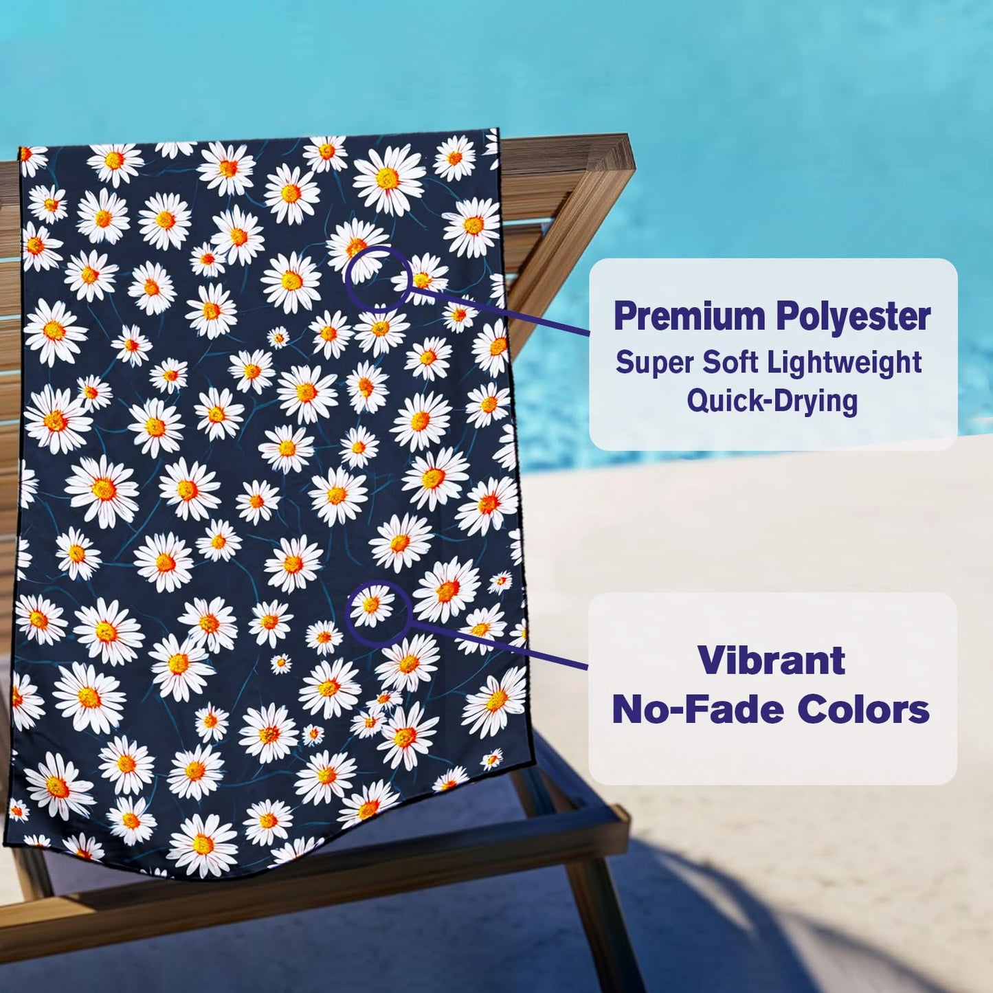 Violetpos Daisy Print Beach Towel, Extra Large 180x90 cm 250GSM Microfibre, Sand Free Quick Dry