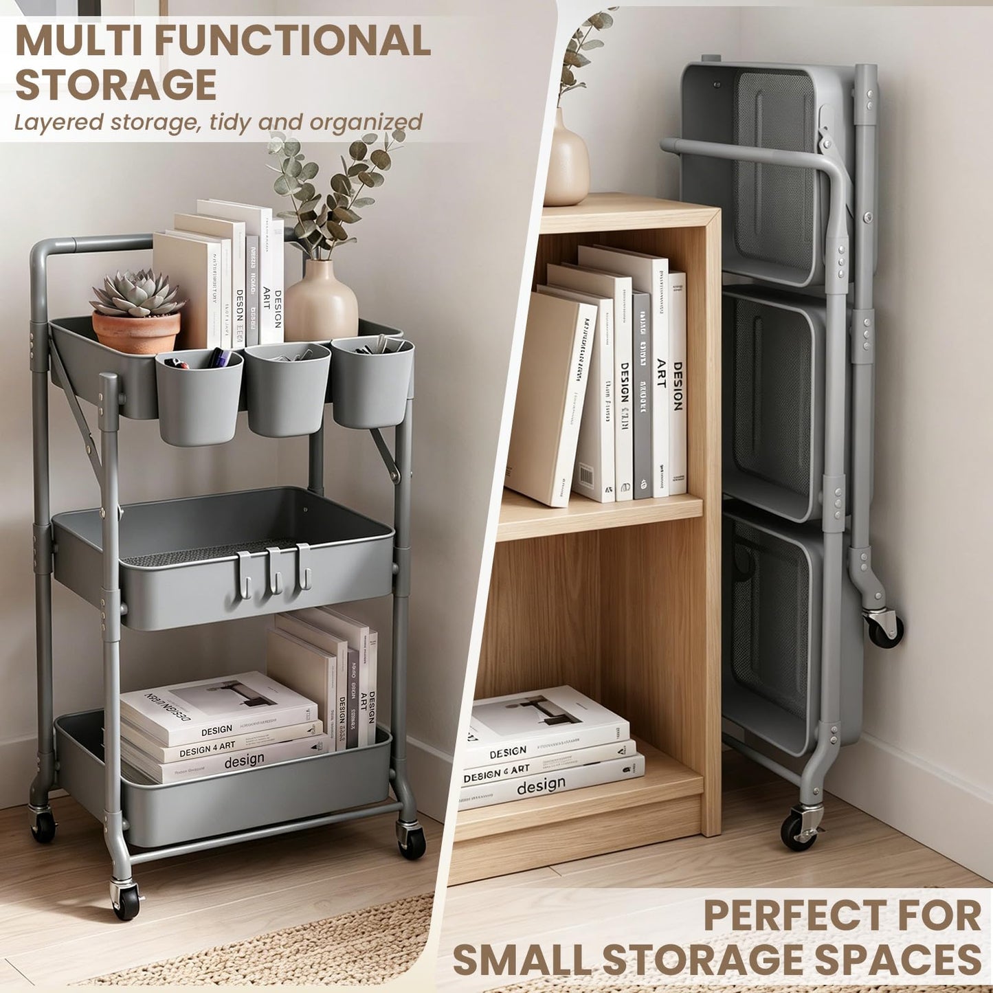 Shrivee 3-Tier Foldable Metal Organiser - Shelf Cart on Wheels, Grey