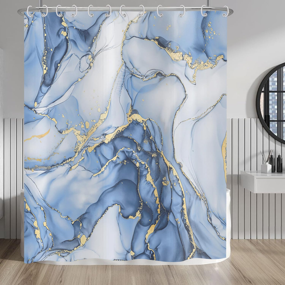 Hnmdmyi Marble Shower Curtain 180x200, Light Blue Gold Abstract Marble Bathroom Curtains Luxury Modern Aesthetic Art Ink Texture Waterproof Polyester