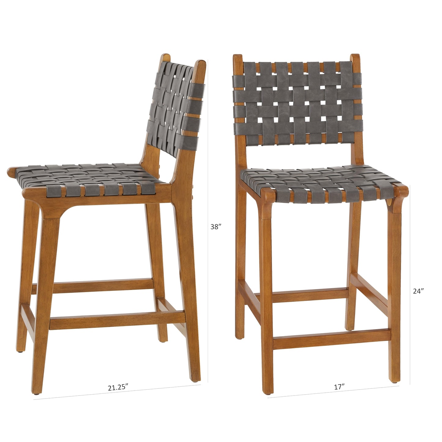 Ball & Cast Woven Counter Stool Kitchen Counter Height Barstool Backrest Wooden Weave Stool, Dark Grey Faux Leather