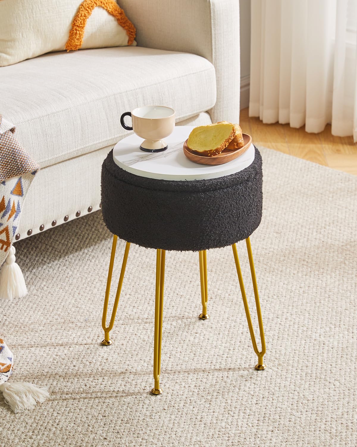 IBUYKE Makeup Vanity Stool, Teddy Velvet Storage Ottoman, Black WBD010B