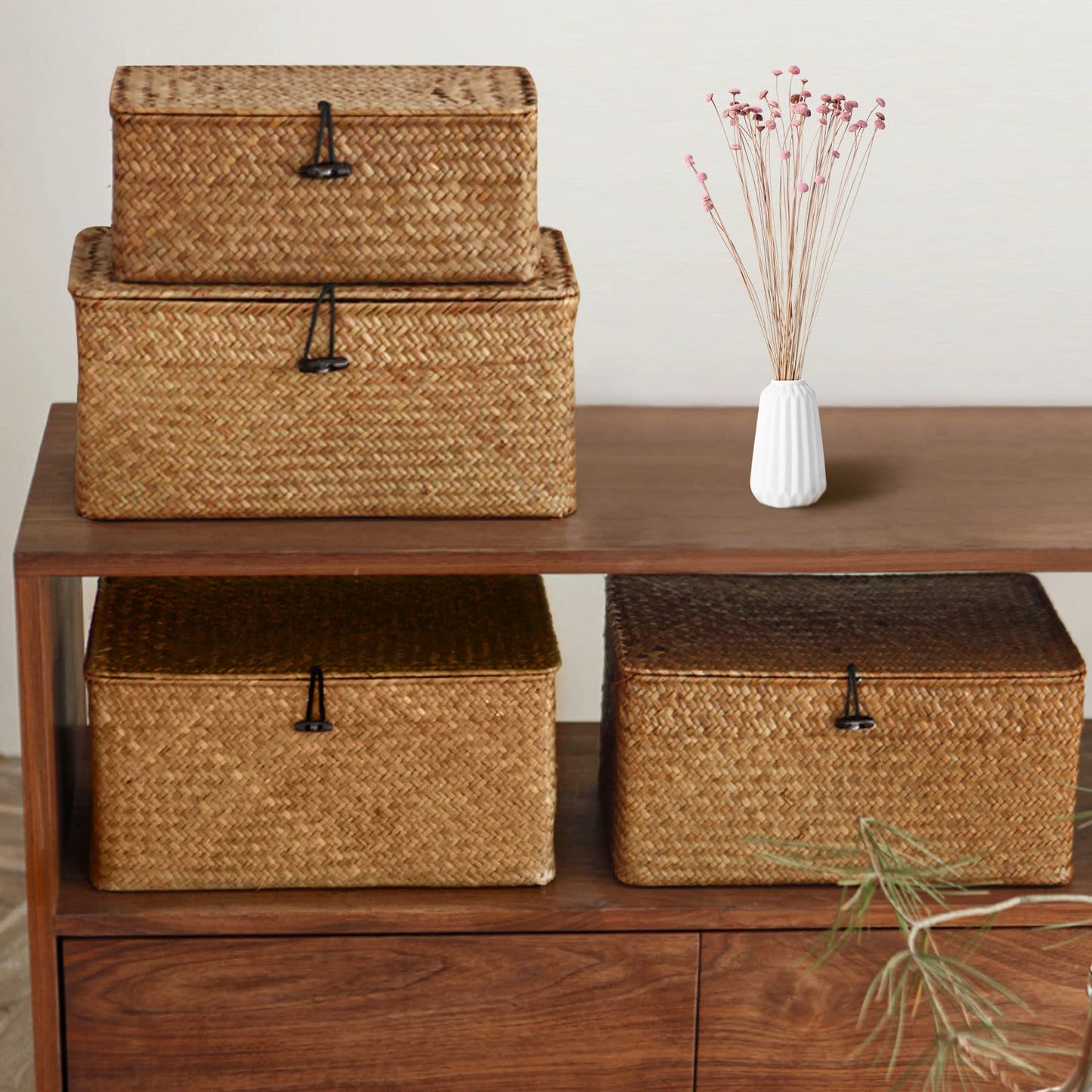 Esoes Wicker Storage Basket Woven Rattan Storage Box With Lids Seagrass Laundry Baskets Makeup Organizer For Bathroom, Living Room, Kitchen (XL)