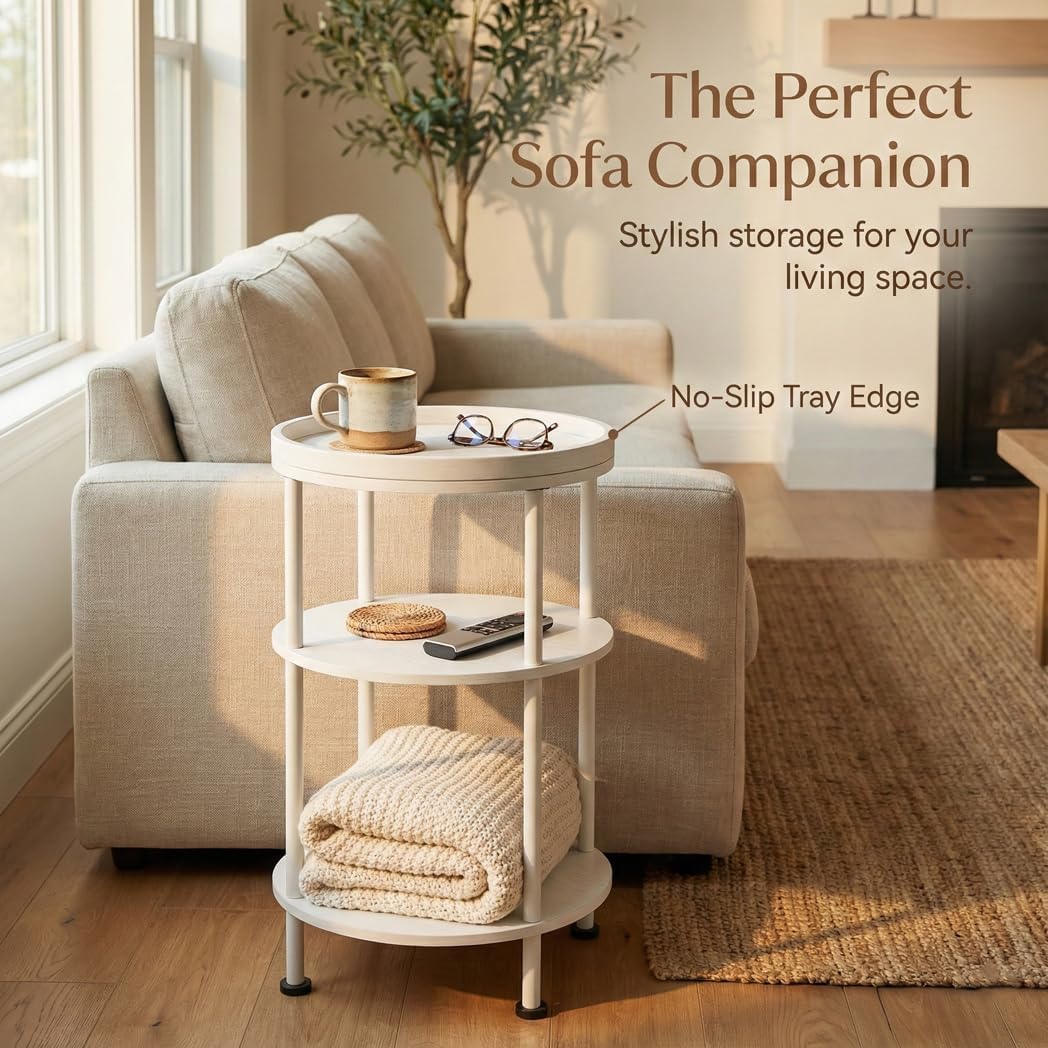 YEAKOO Small White Side Table, Round End Table with Wood Grain Texture, 3-Tier Farmhouse Nightstand for Bedroom & Living Room