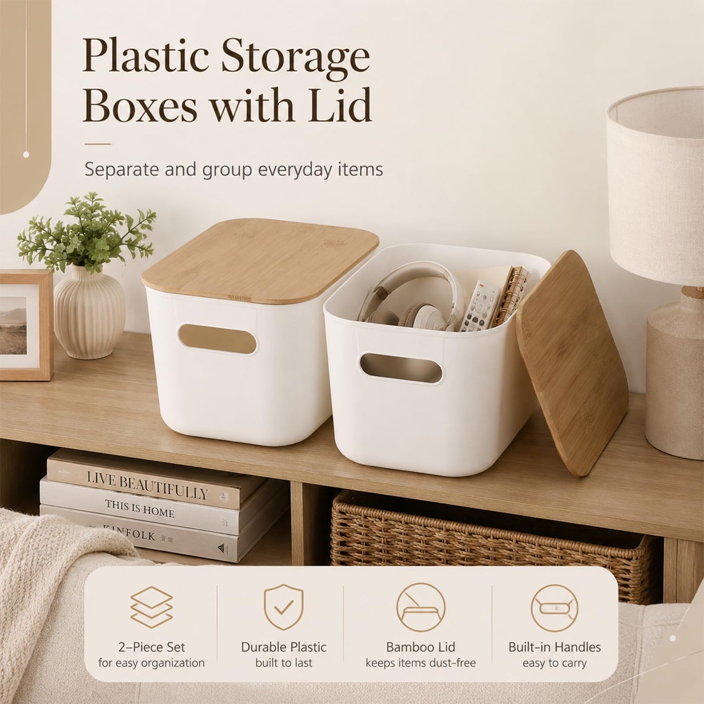 YAGOKKI 2 Pack Plastic Storage Boxes with Lid, 9.8 x 6.8 x 6.0 in Organising Boxes with Wood Lid, Stackable White Storage Box for Desktop Office