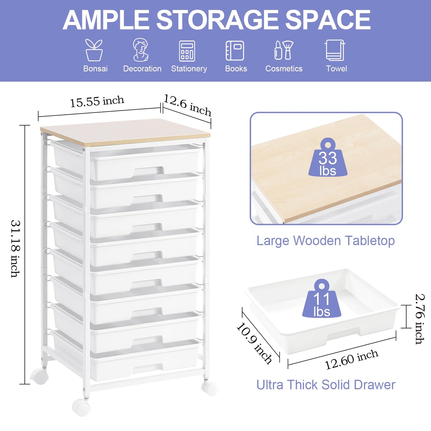 SYKIARIOL 8 Drawers Rolling Storage Trolley, Utility Storage Cart on Lockable Wheels with Plastic Drawers, Multipurpose Mobile Organizer Unit for