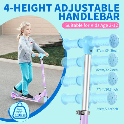 BELEEV V1 Scooter for Kids, 2 Wheels Folding Kick Scooter for Children Girl and Boys, 3 Adjustable Height, Flashing Light up Wheels, Lightweight