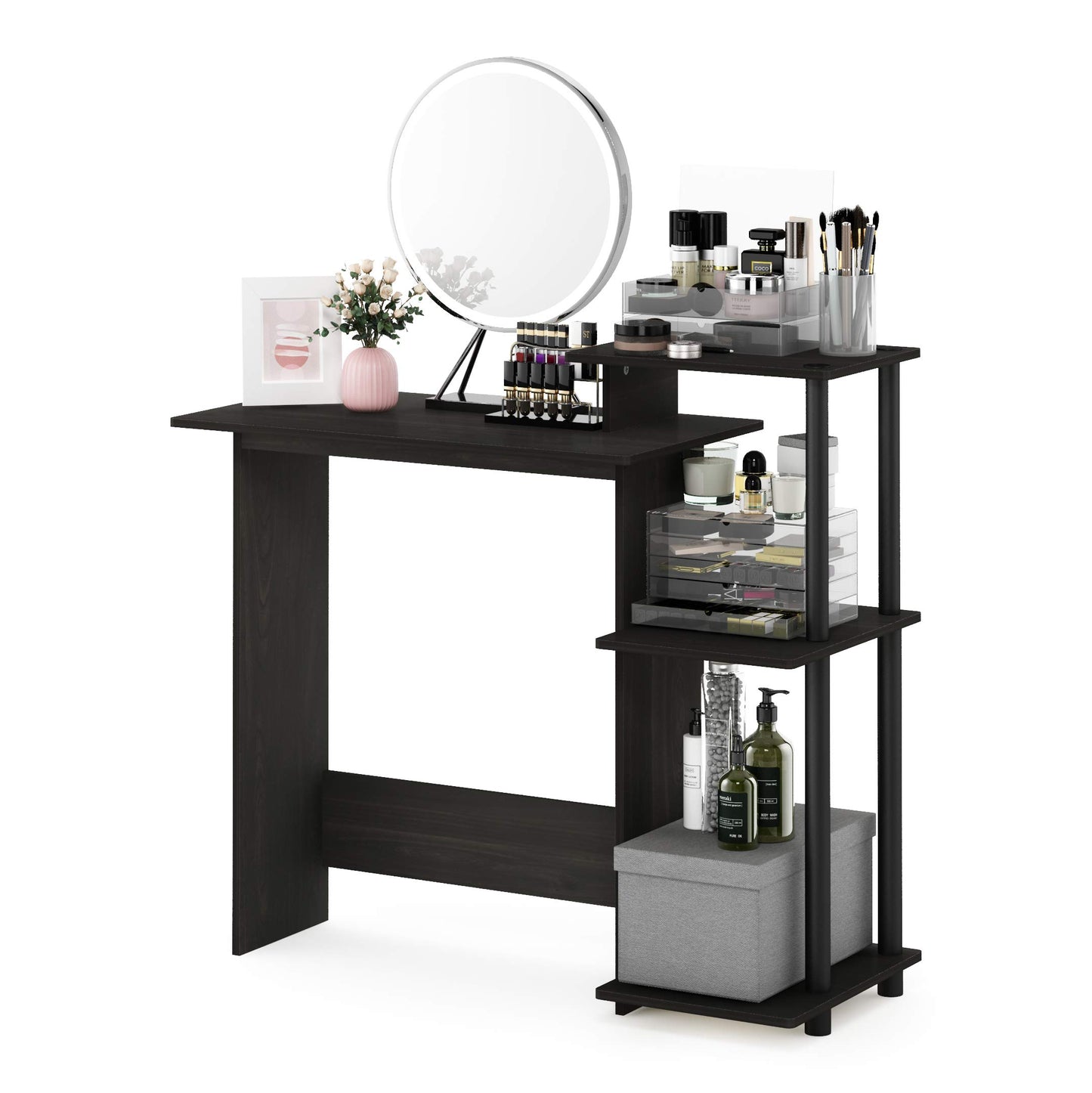Furinno EFFICIENT Desk, Gaming Desk, with 3 Open Side Shelves, Laptop Notebook Computer Desk,Office Desk for Home Office, Study Room, Dorm, Espresso