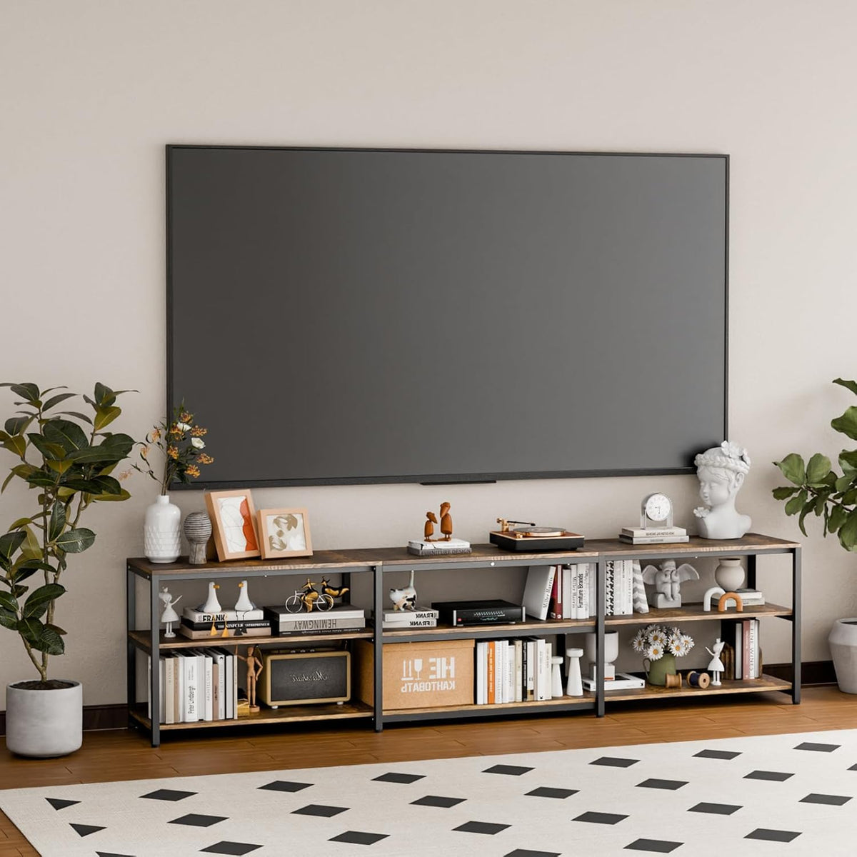 Aquzee 100 Inch TV Stand Cabinet, 249 cm Wide Large TV Unit for 85" - 110" TV, 3-Tier Wood TV Console Table with Open Storage Shelves