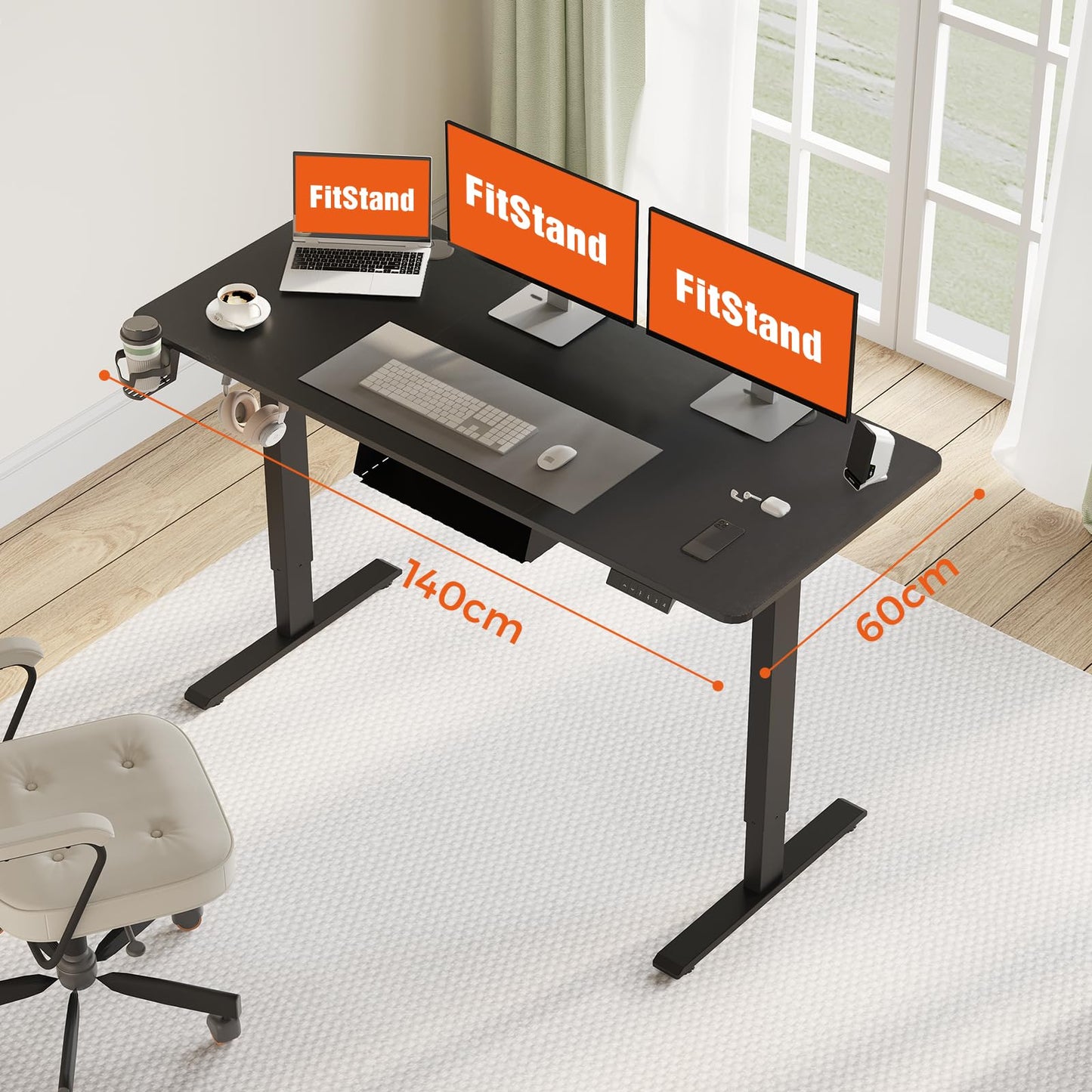 FitStand 140x60cm Electric Height Adjustable Standing Desk, Sit Stand Desk, Computer Desk With Hooks, Cupholder, Memory Function