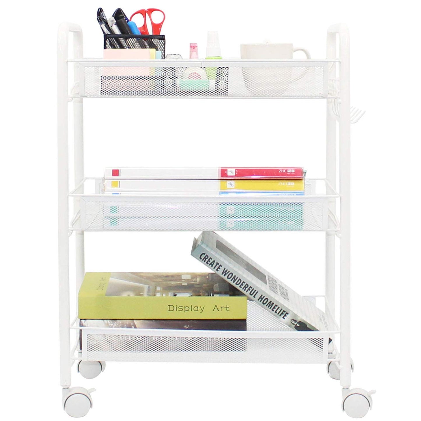 OVICAR Mesh Wire 3 Tier Rolling Cart, Kitchen Storage Utility Cart, Multifunction Basket Stand for Bathroom