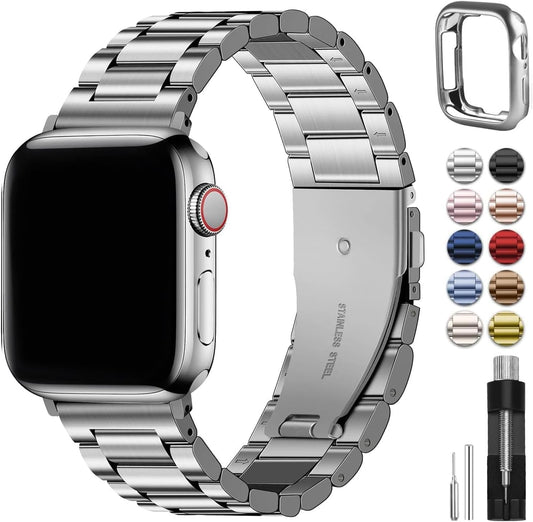 Fullmosa Compatible with Apple Watch Straps Series 11 10 46mm, Stainless Steel Replacement Band Compatible with iWatch 46mm, Silver & Protective Case