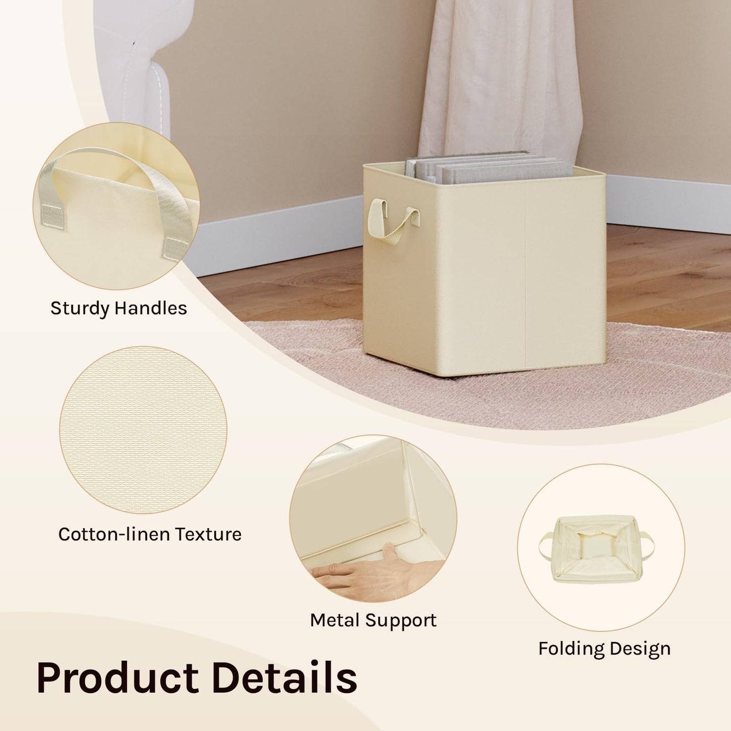 WOLTU Storage Boxes Set of 3, Storage Baskets, Folding Wardrobe Cube Boxes, with Handle and Metal Frame, for Living Room/Bedroom/Study, Linen
