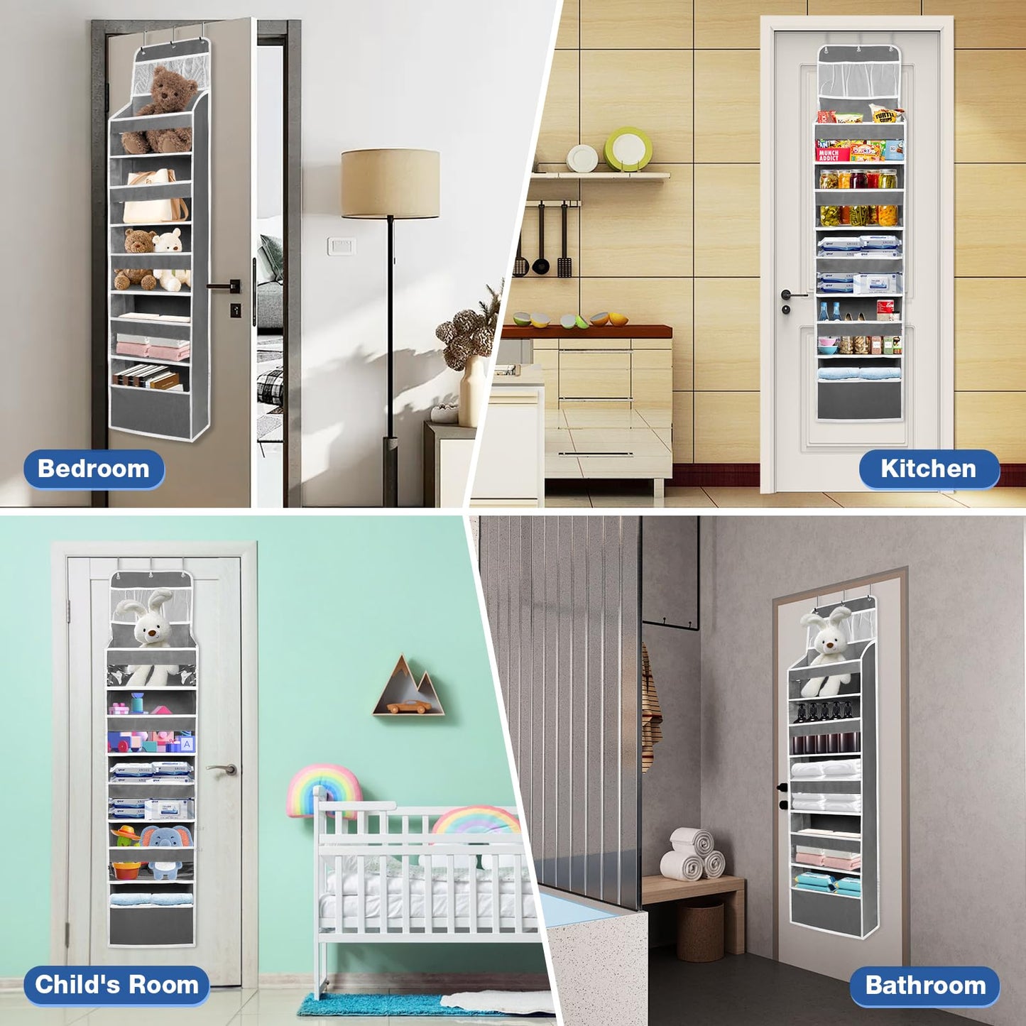 HONZUEN Over Door Hanging Organiser, Back of the Door Storage with 5 Large Shelves & 3 Mesh Pockets, Transparent Windows, Reinforced Hooks