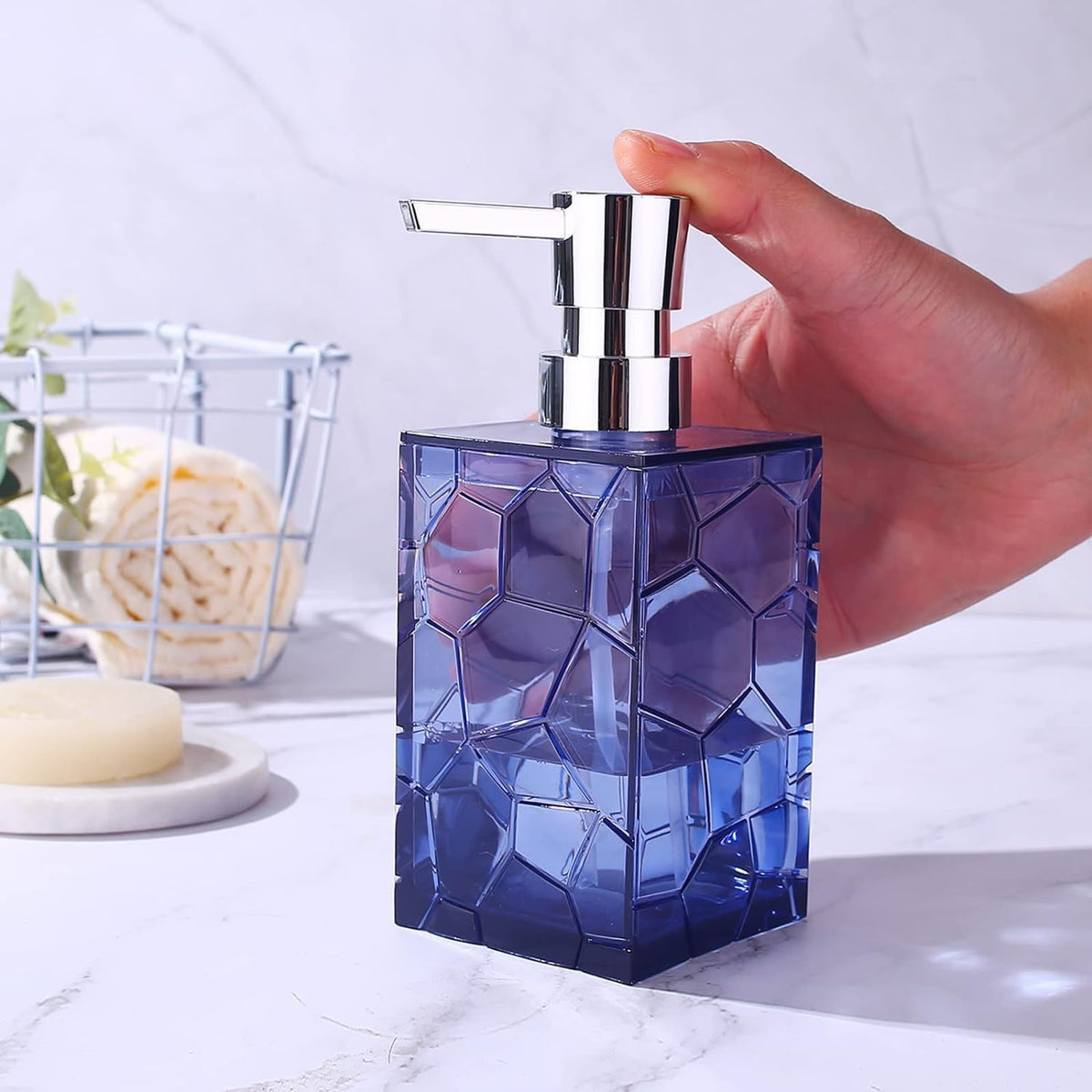 2 Pack Hand Soap Dispenser Set, Clear Acrylic Plastic Liquid Pump Bottles Refillable Lotion Dispenser for Bathroom Decor Kitchen College Dorm Blue