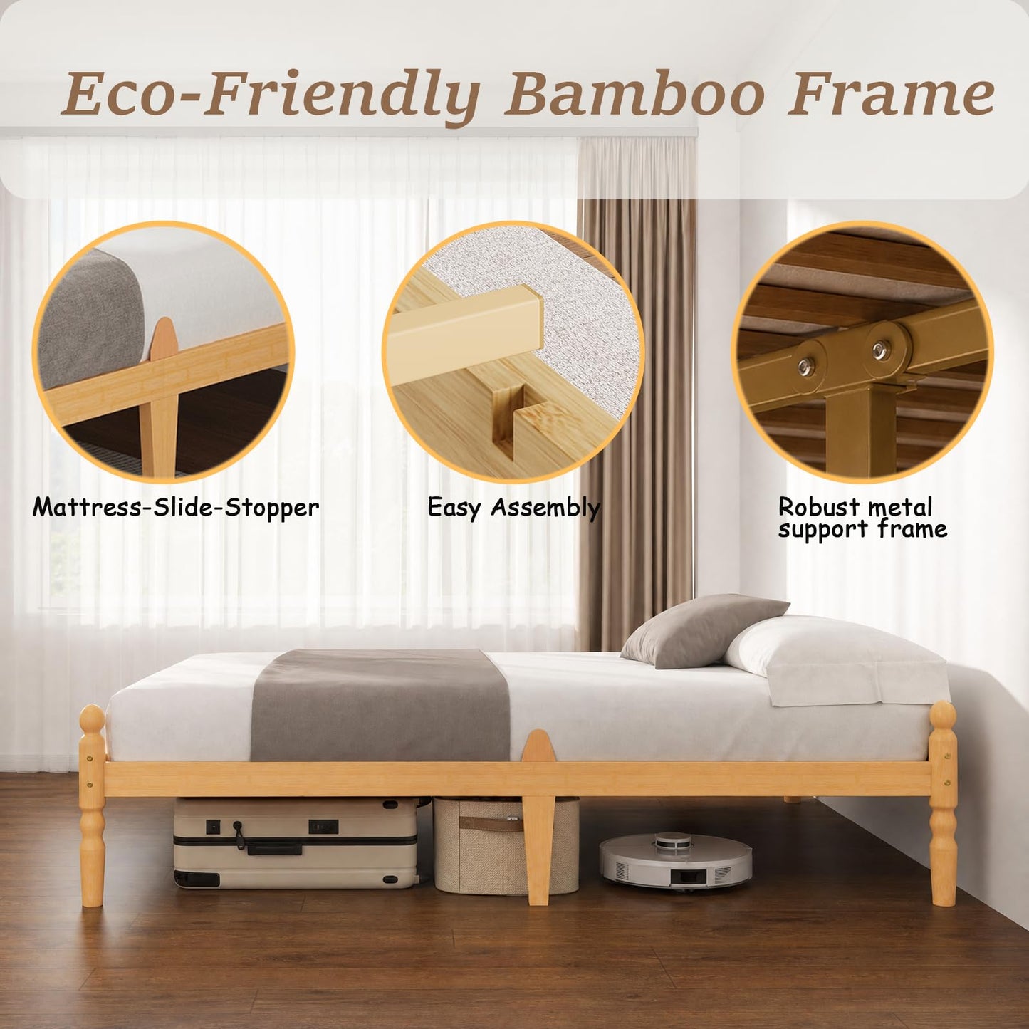 APEXTELLA HOME Double Bed Frame 14-inch Natural Bamboo Wood Platform Bed with Metal Slats Support and Mattress Slide Stopper, Underbed Storage Space