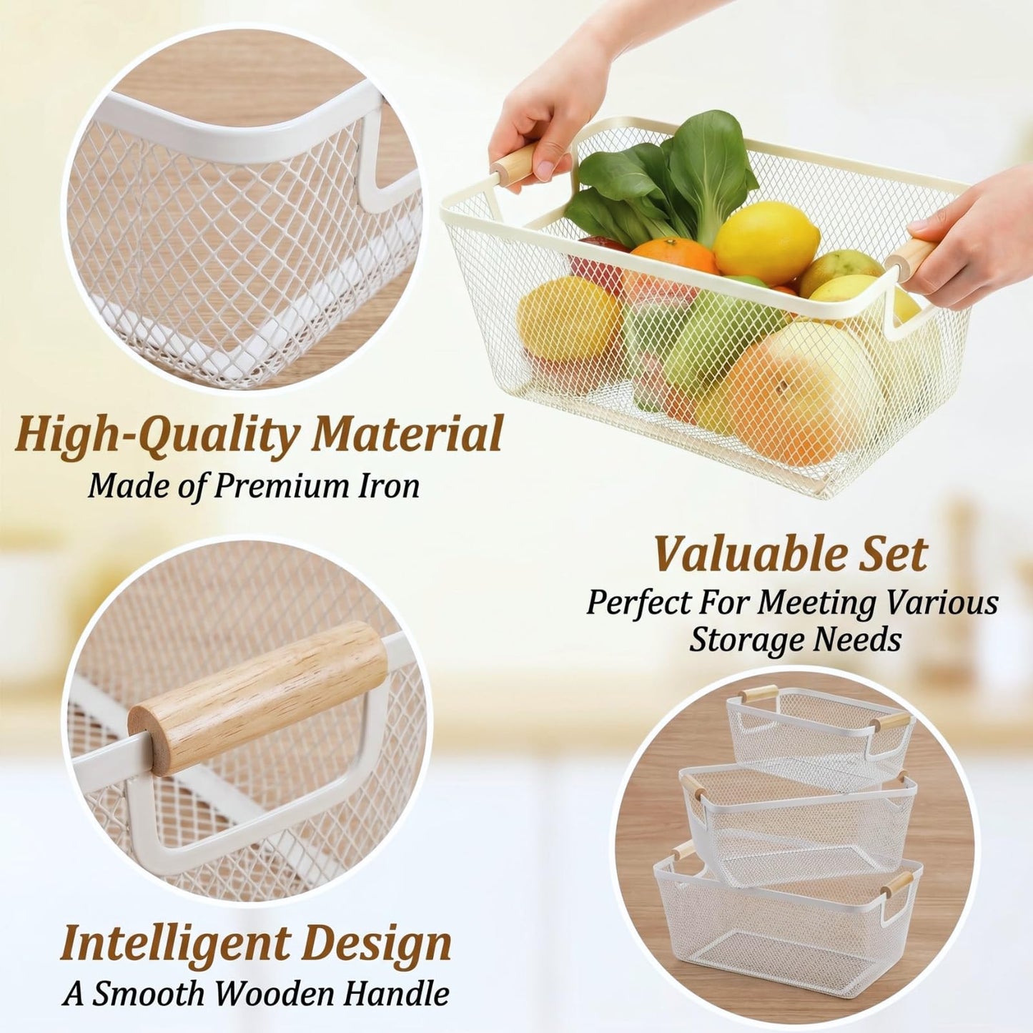 Noamus 3 Pack Metal Mesh Baskets with Wood Handle, Iron Storage Organizer Basket, White Wire Countertop Baskets for Organizing