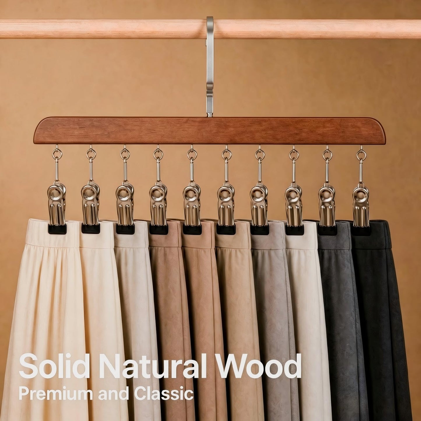 2PCS Wooden Trouser Hanger 10 Clips, Space Saving Closet Organiser