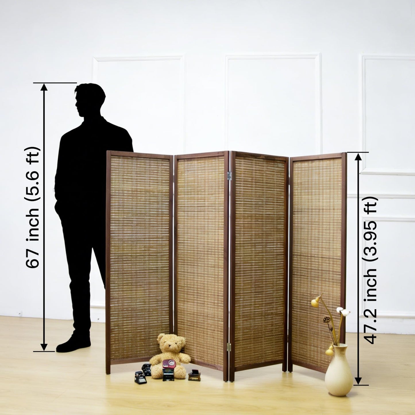 Furnnylane 4 Panel Bamboo Room Divider Short Folding Screen Divider,Double Sided Bamboo Divider Screen for Room Separation,Brown,120 cm H x 156 cm W