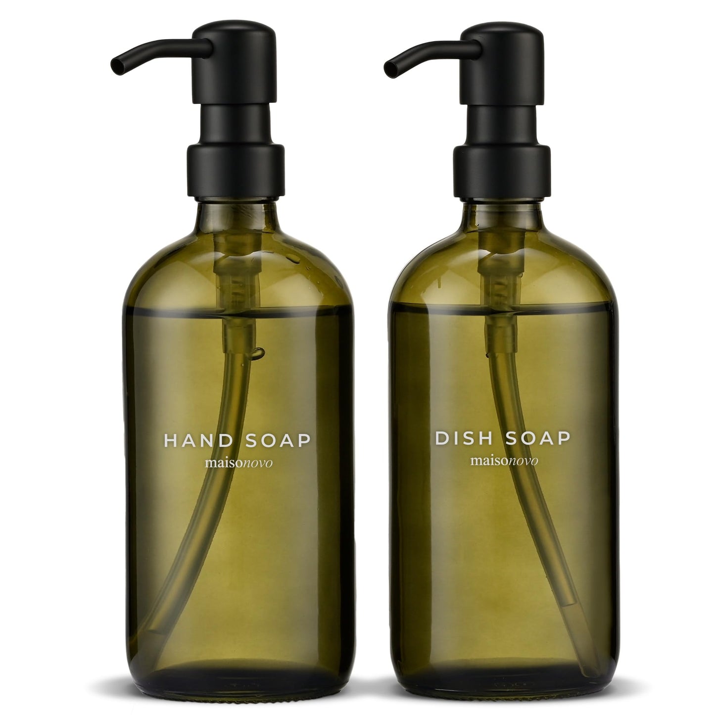 MaisoNovo Soap Dispenser 2-Piece Set | 500 ml Green Bottles with Black Stainless Steel Pumps