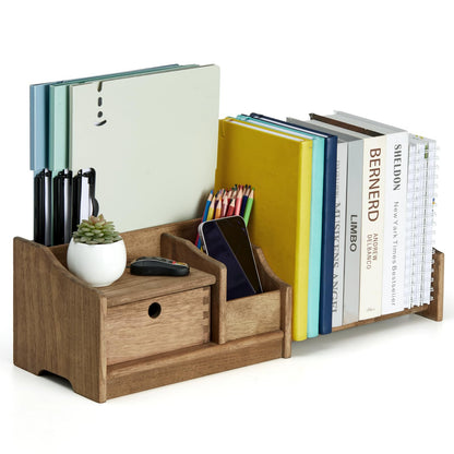 KIRIGEN Wooden Desktop Organiser with Drawer, Adjustable Bookshelf, Brown