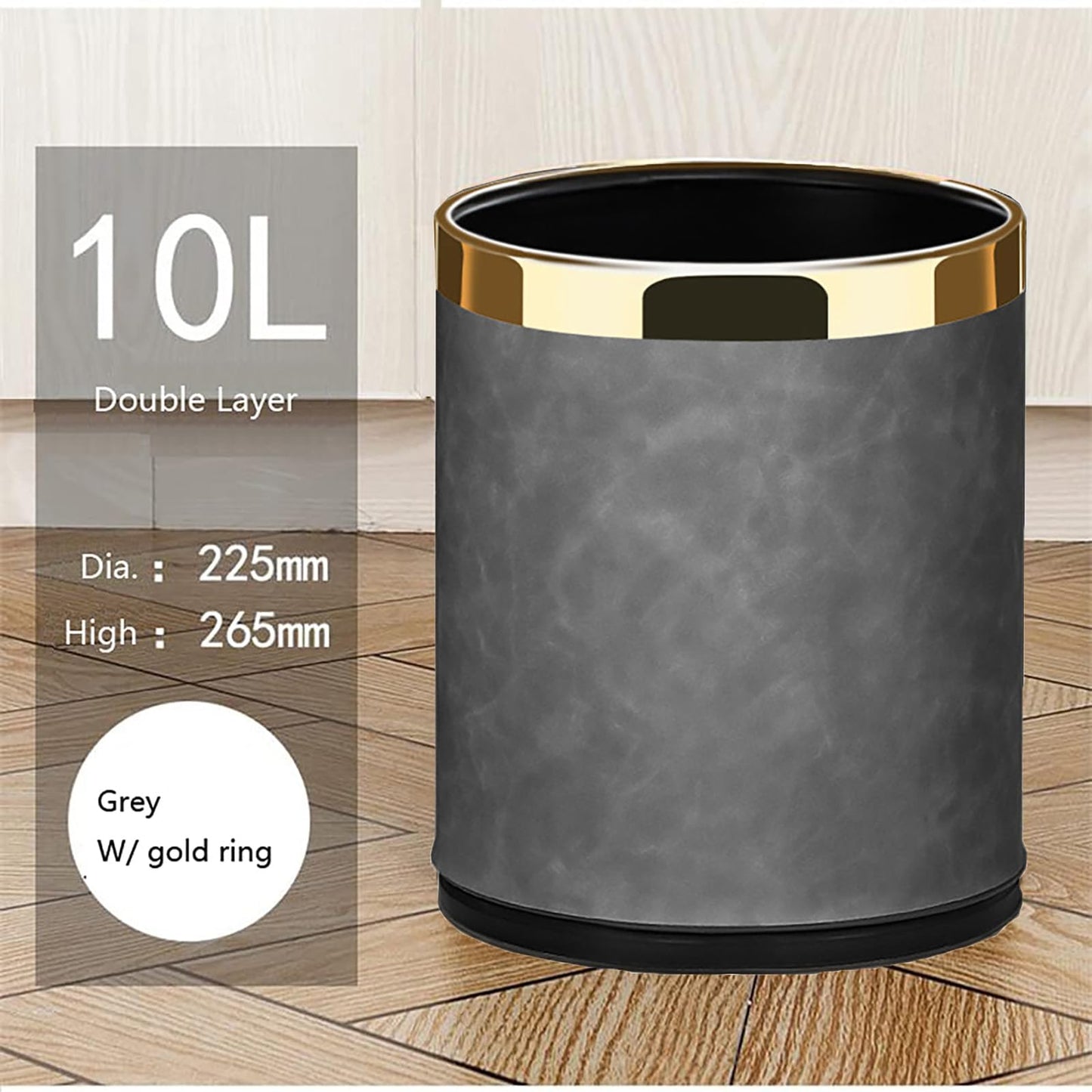 SXYLOB Luxury Metal Waste Bin 10L, Double Layer Trash Can PU Leather Covered Round Wastebasket Dust Bins for Kitchen Bathroom Hotel Office (Grey Hui)
