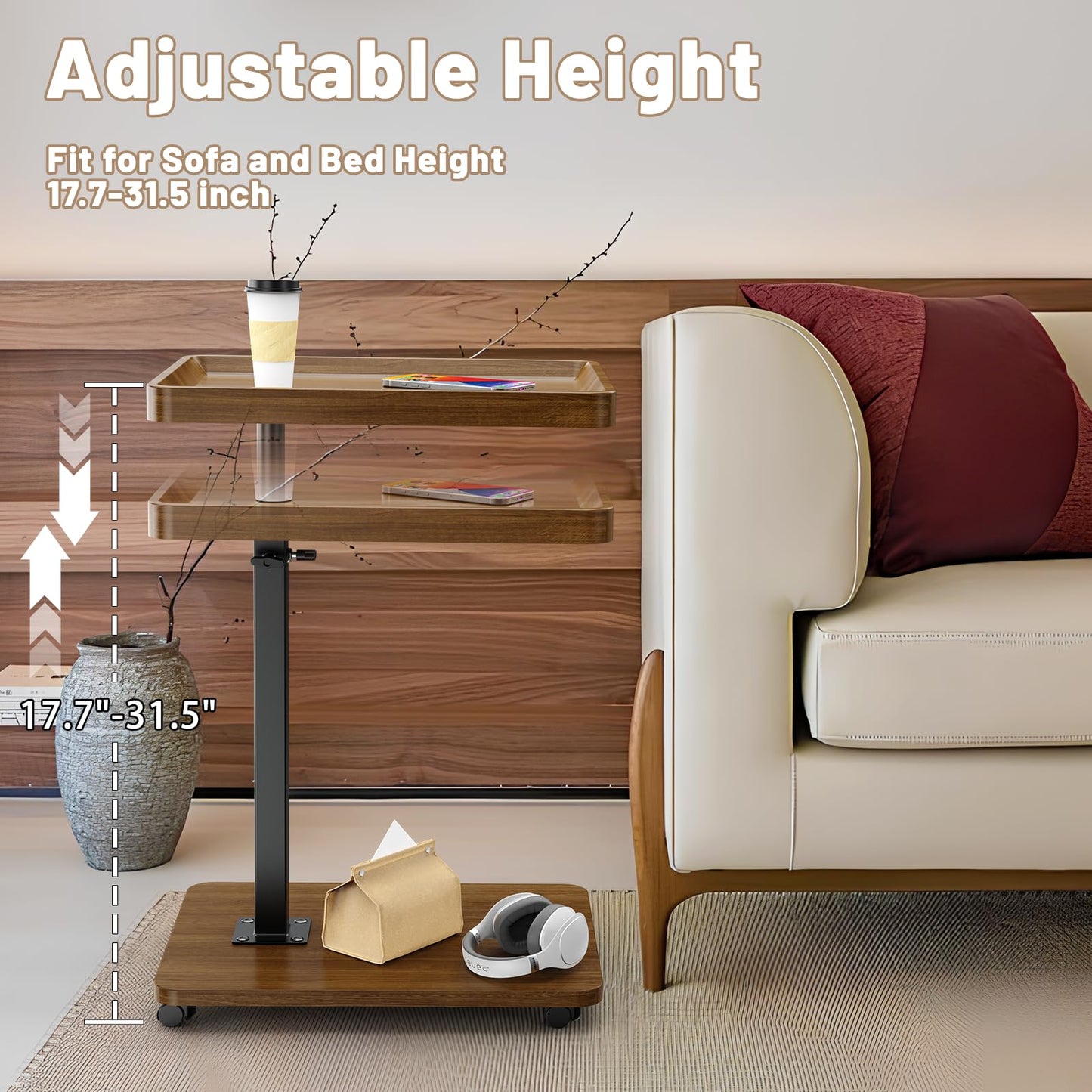 Lnopever Adjustable Side Table C Shaped Side Table with Wheels ＆ 360° Swivel Tray, Swivel Side Tables for Living Room