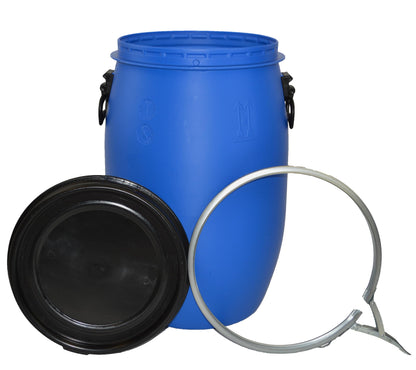 ITP Packaging 30 Litre Plastic Blue Open Top Storage Barrel Drum Keg with Lid and Latch Ring, UN Approved, Food Grade for Shipping, Air Tight