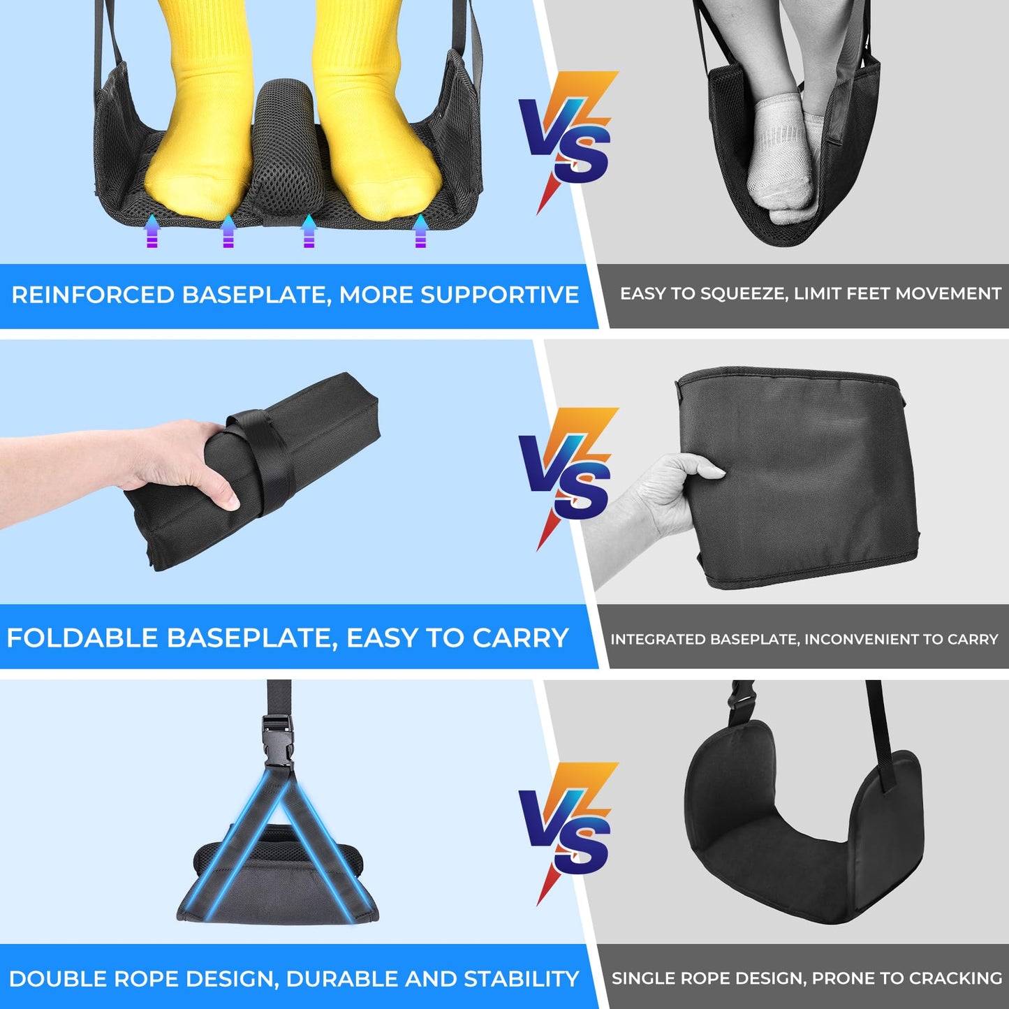 Portable Foot Hammock for Airplane, Foldable Hanging Foot Rest with Interval Sponge, Desk Leg Hammock with Thick Support Plates for Travel, Work