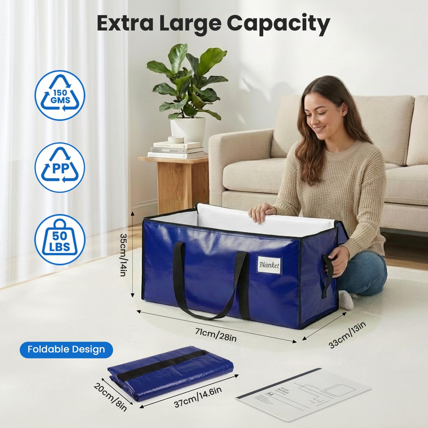 RICHER HOUSE 90L Heavy Duty Moving Boxes, Clothes Storage Bags, 6 Pack,Blue